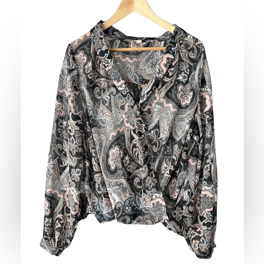 Paisley Print Sheer Collared V-Neck Whimsigoth Blouse